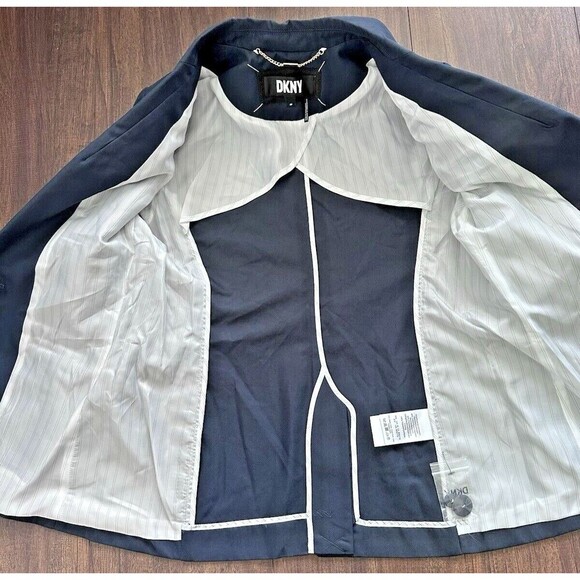DKNY Women's Petite One-Button Blazer Cotton Zip-Pockets Formal Jacket Navy 4P - Picture 11 of 13